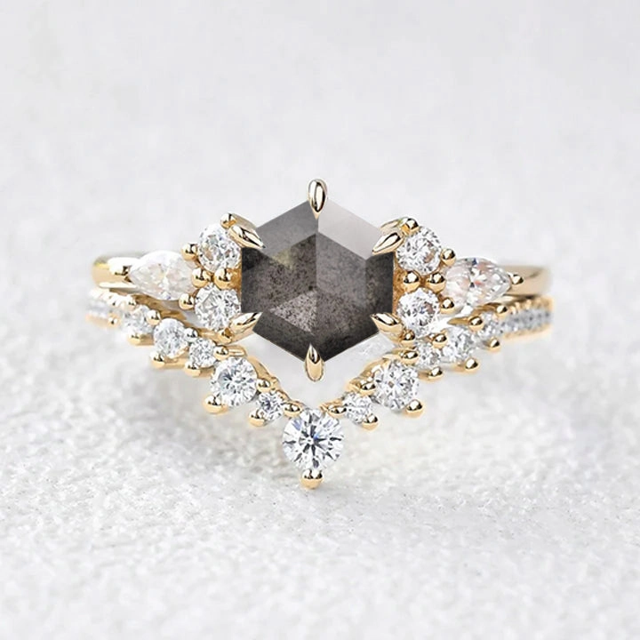 Golden Hour Hexagon Cut Salt and Pepper Diamonds Cluster Ring Set 2pcs