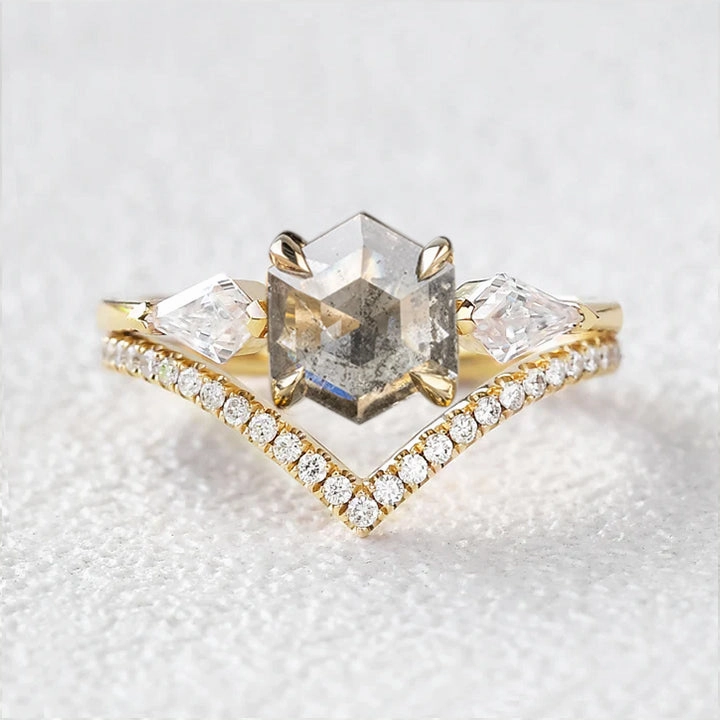 Hexagon Cut Salt and Pepper Diamonds Three Stone Ring Set 2pcs Modern Shine Dynamic Form