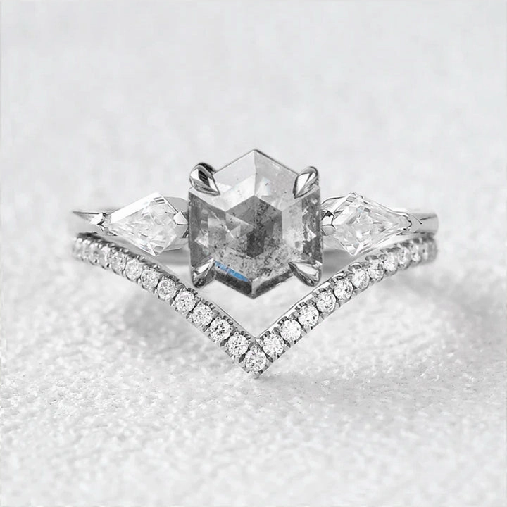 Hexagon Cut Salt and Pepper Diamonds Three Stone Ring Set 2pcs Delicate Piece