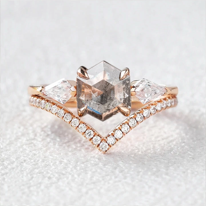 Hexagon Cut Salt and Pepper Diamonds Three Stone Ring Set 2pcs Glistening Finish Luxury Choice
