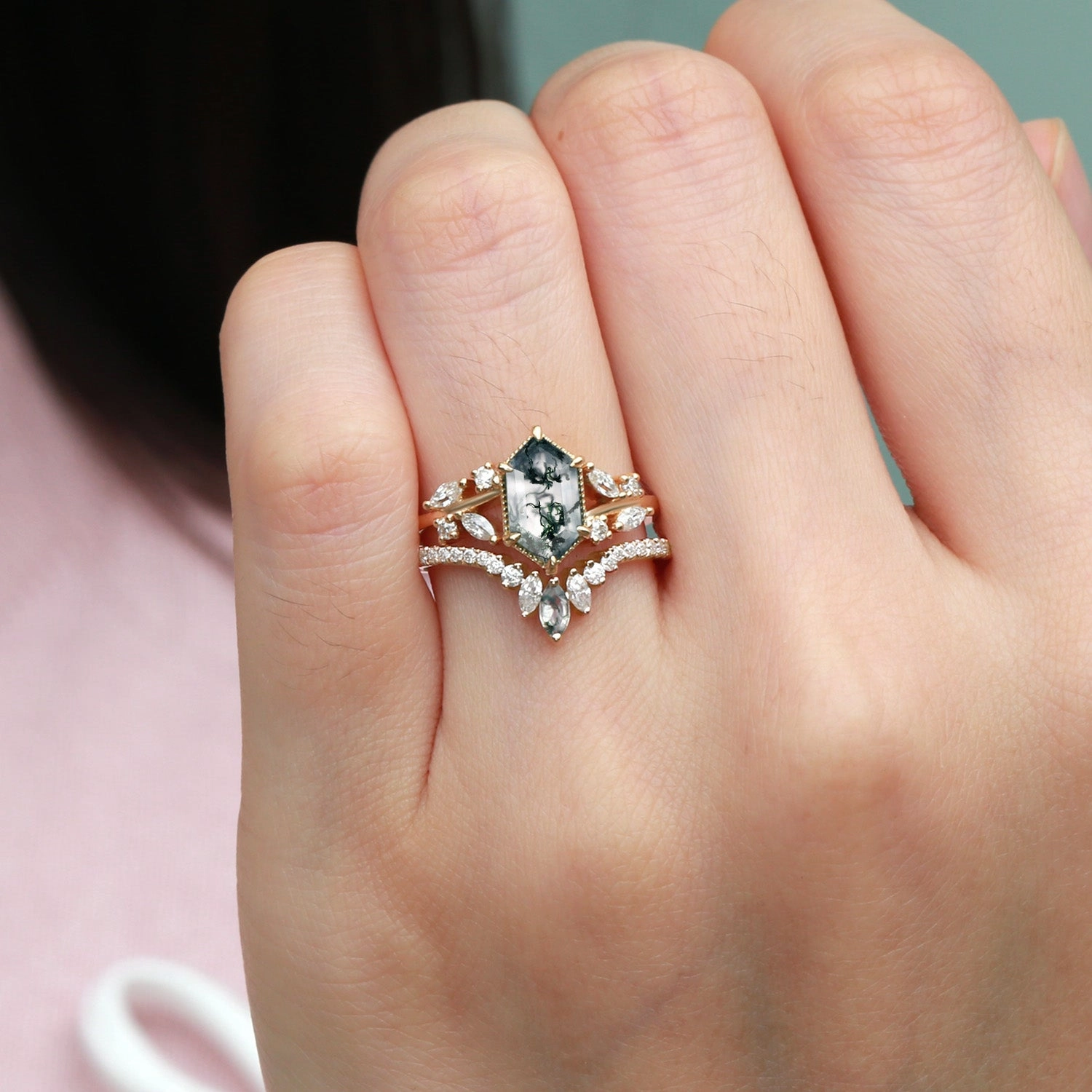 Hexagon Green Moss Agate Leafy Engagement Ring 2PCS - Pine Sparkling Detail Refined Light