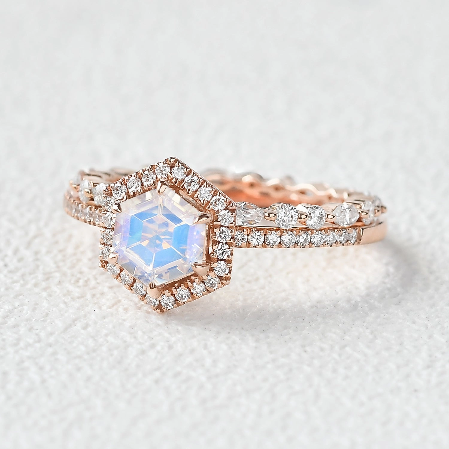 Hexagon Moonstone & Moissantie Halo Ring Set 2PCS Luxury Casual Daily Look
