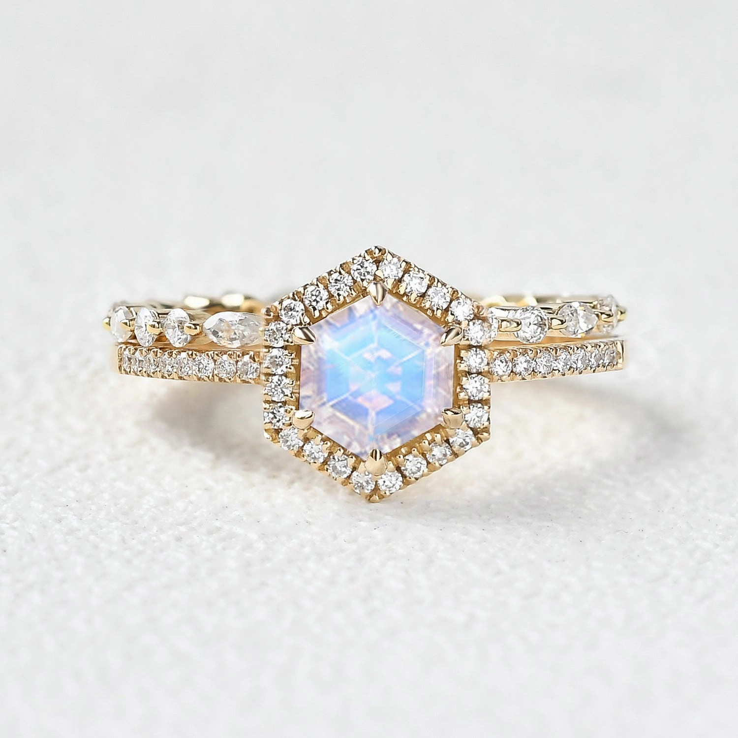 Fashion Fit Luxe Pick Hexagon Moonstone & Moissantie Halo Ring Set 2PCS