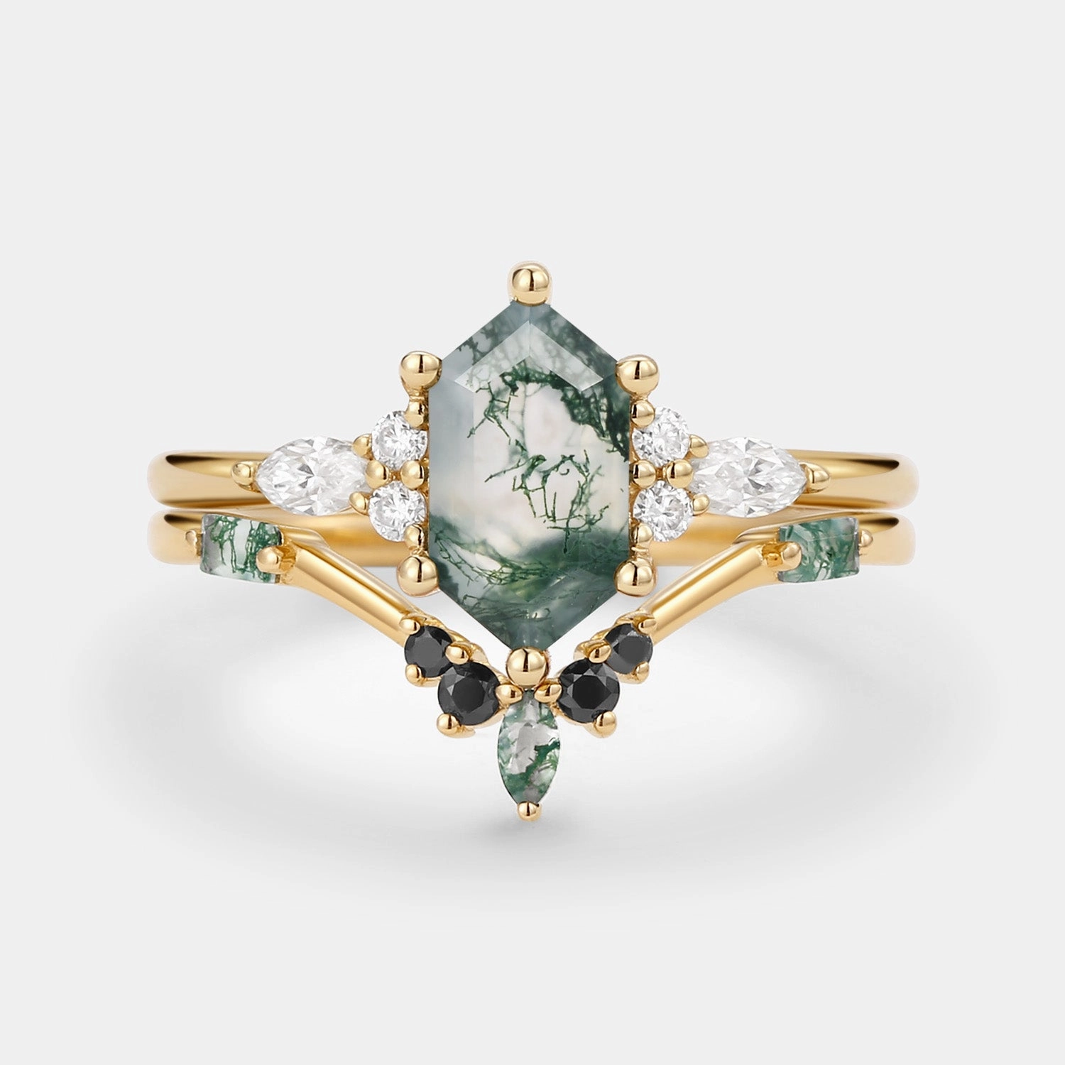 Brunch Date Hexagon Moss Agate & Black Moissanite Ring Set 2PCS