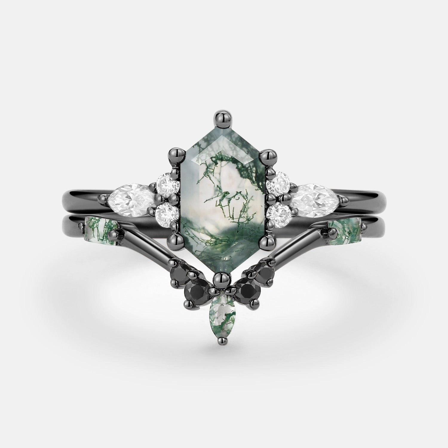 Hexagon Moss Agate & Black Moissanite Ring Set 2PCS Custom Style
