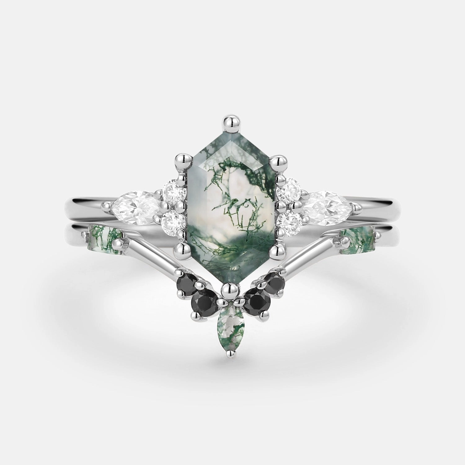 Bold Jewelry Hexagon Moss Agate & Black Moissanite Ring Set 2PCS