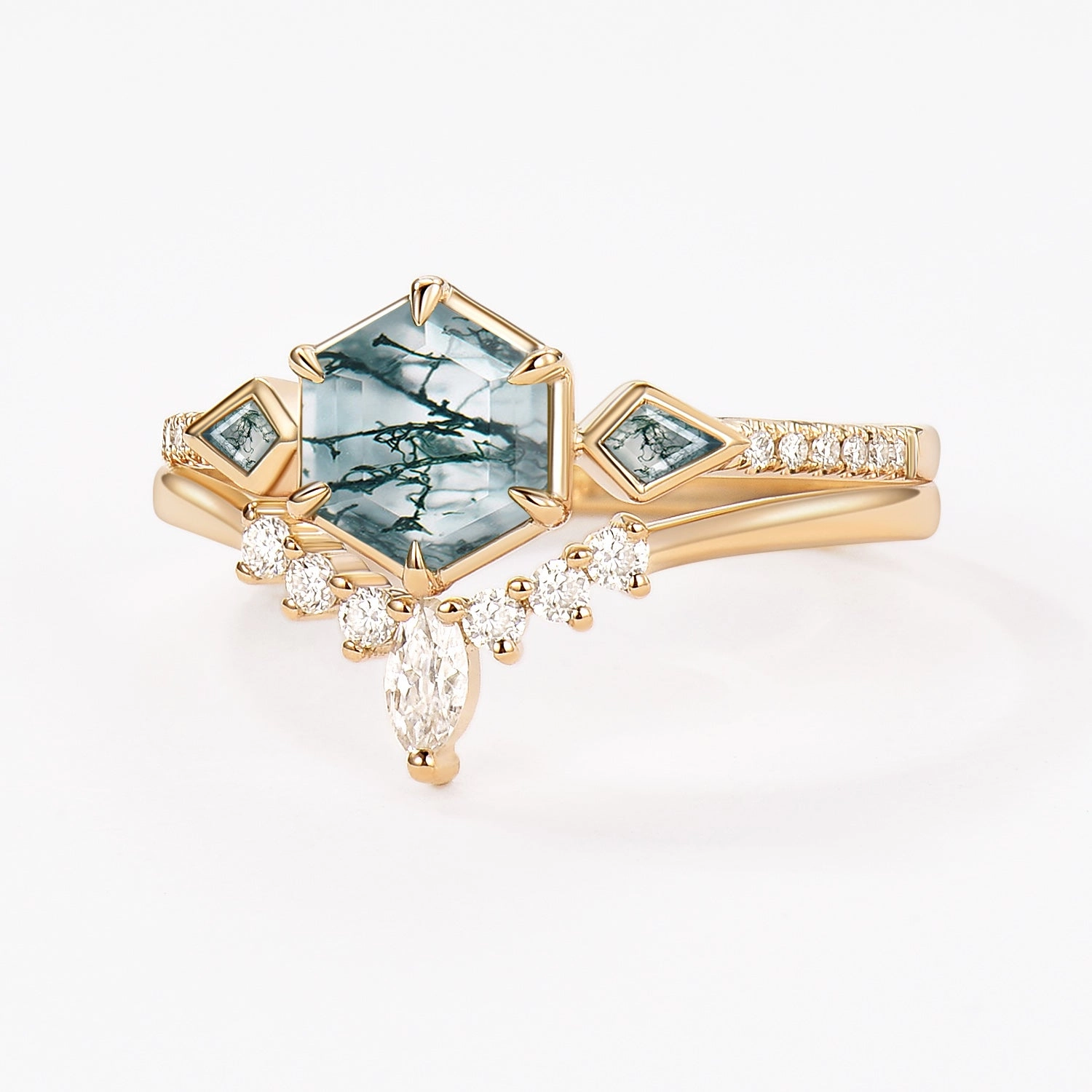 Light Touch Hexagon Moss Agate Geometric Three Stone Cluster Engagement Ring Set 2pcs