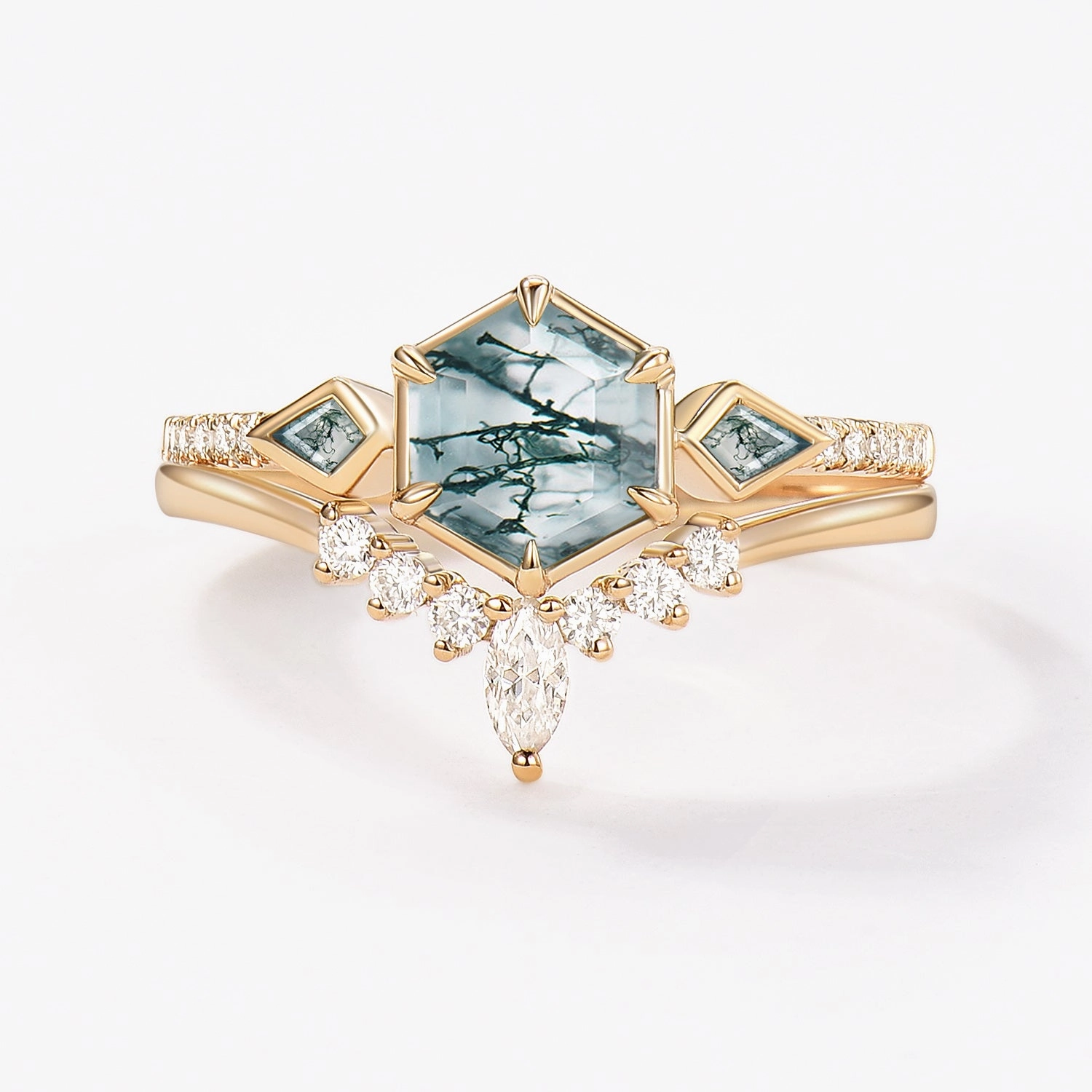 Hexagon Moss Agate Geometric Three Stone Cluster Engagement Ring Set 2pcs Sleek Style