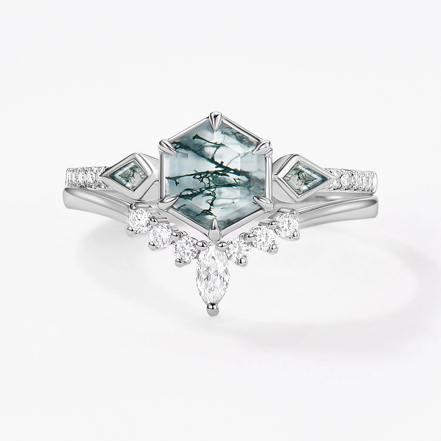 Modern Layer Hexagon Moss Agate Geometric Three Stone Cluster Engagement Ring Set 2pcs