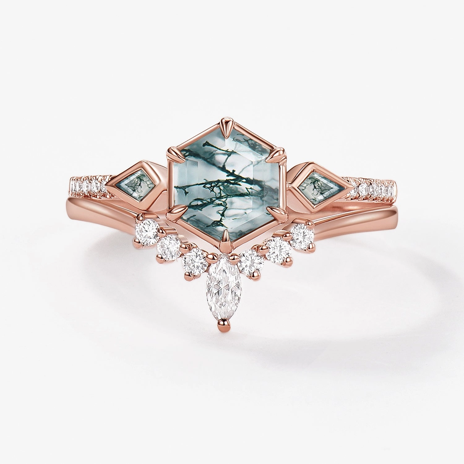 Hexagon Moss Agate Geometric Three Stone Cluster Engagement Ring Set 2pcs Lightweight Glam
