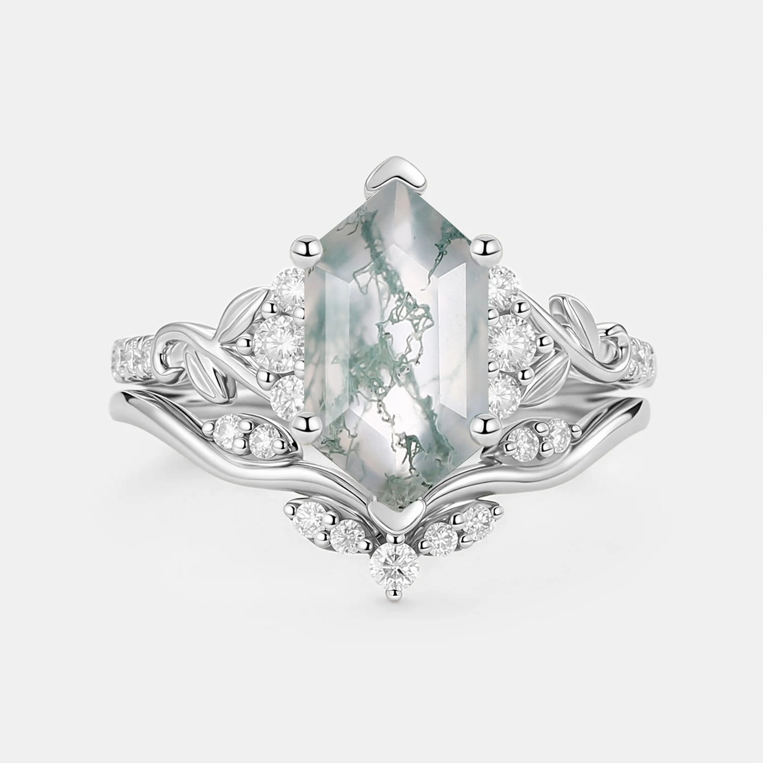 Versatile Shine Fashion Accessories Hexagon Moss Agate Leafy Engagement Ring Sets 2pcs - Cometia