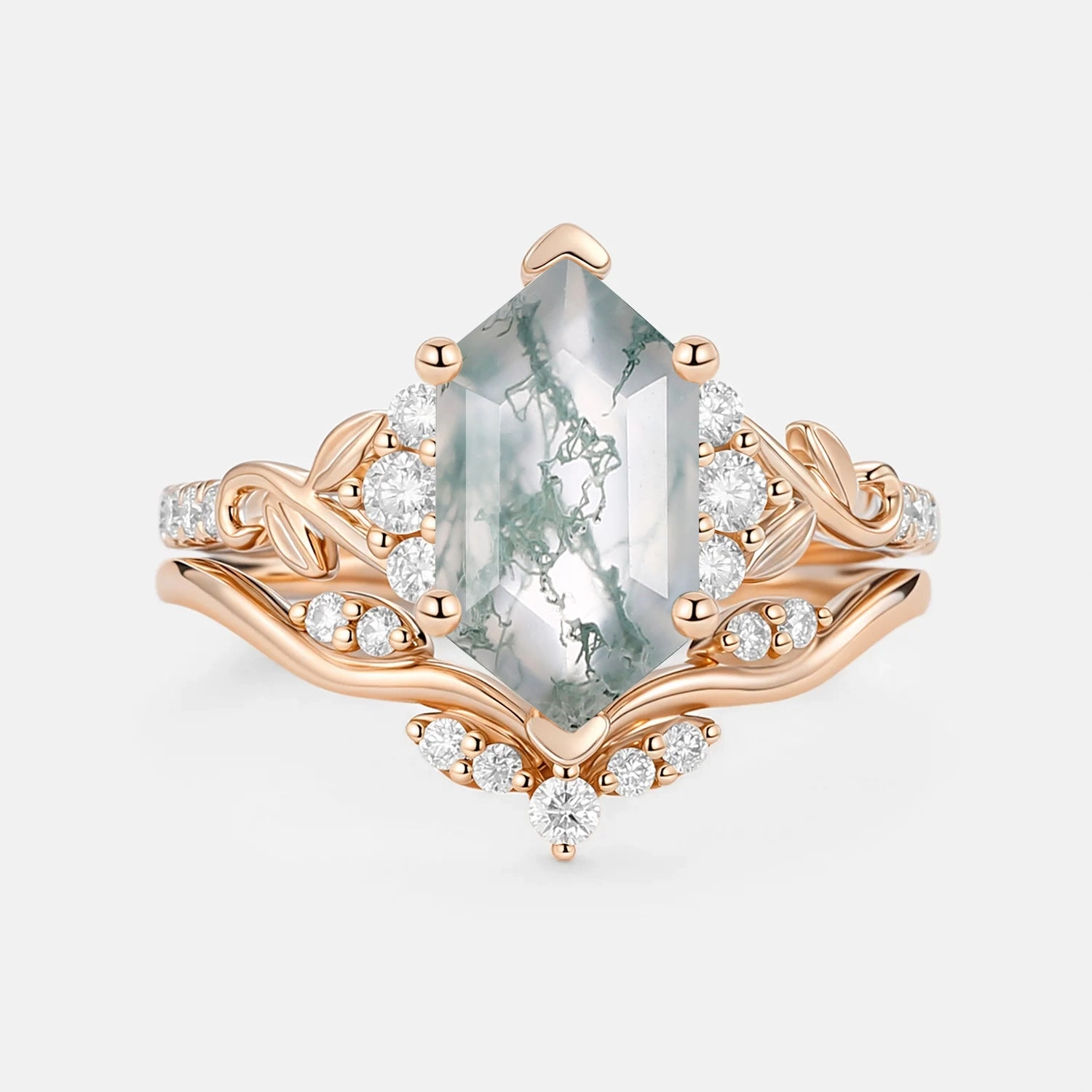 Hexagon Moss Agate Leafy Engagement Ring Sets 2pcs - Cometia Radiant Touch Luminous Accent
