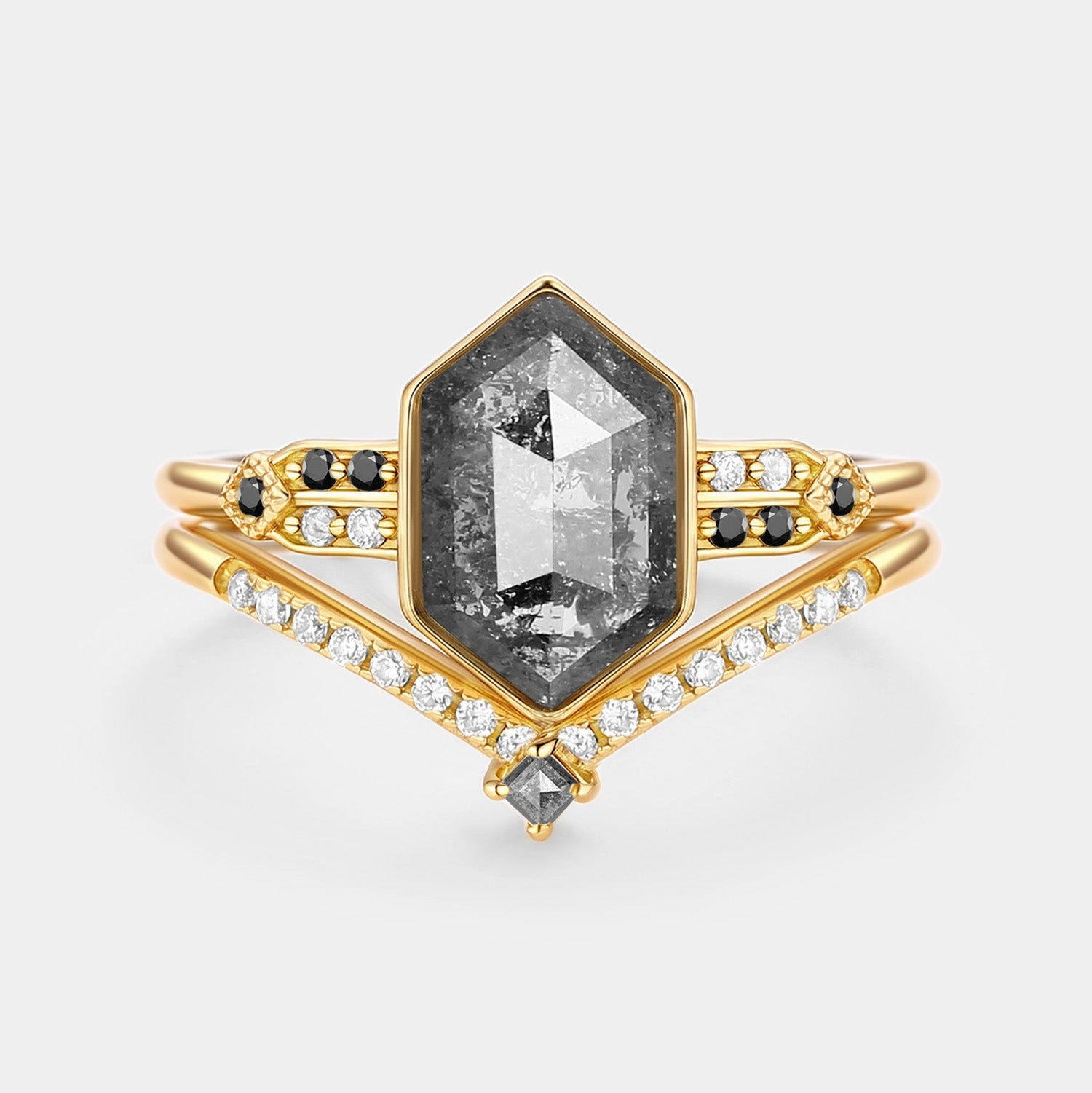 Hexagon Salt and Pepper Diamonds Ring Set 2pcs - Nocturne Timeless Style Fashion Finish