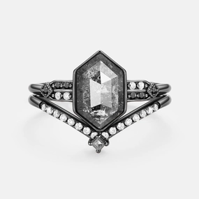 Evening Ready Daily Collection Hexagon Salt and Pepper Diamonds Ring Set 2pcs - Nocturne
