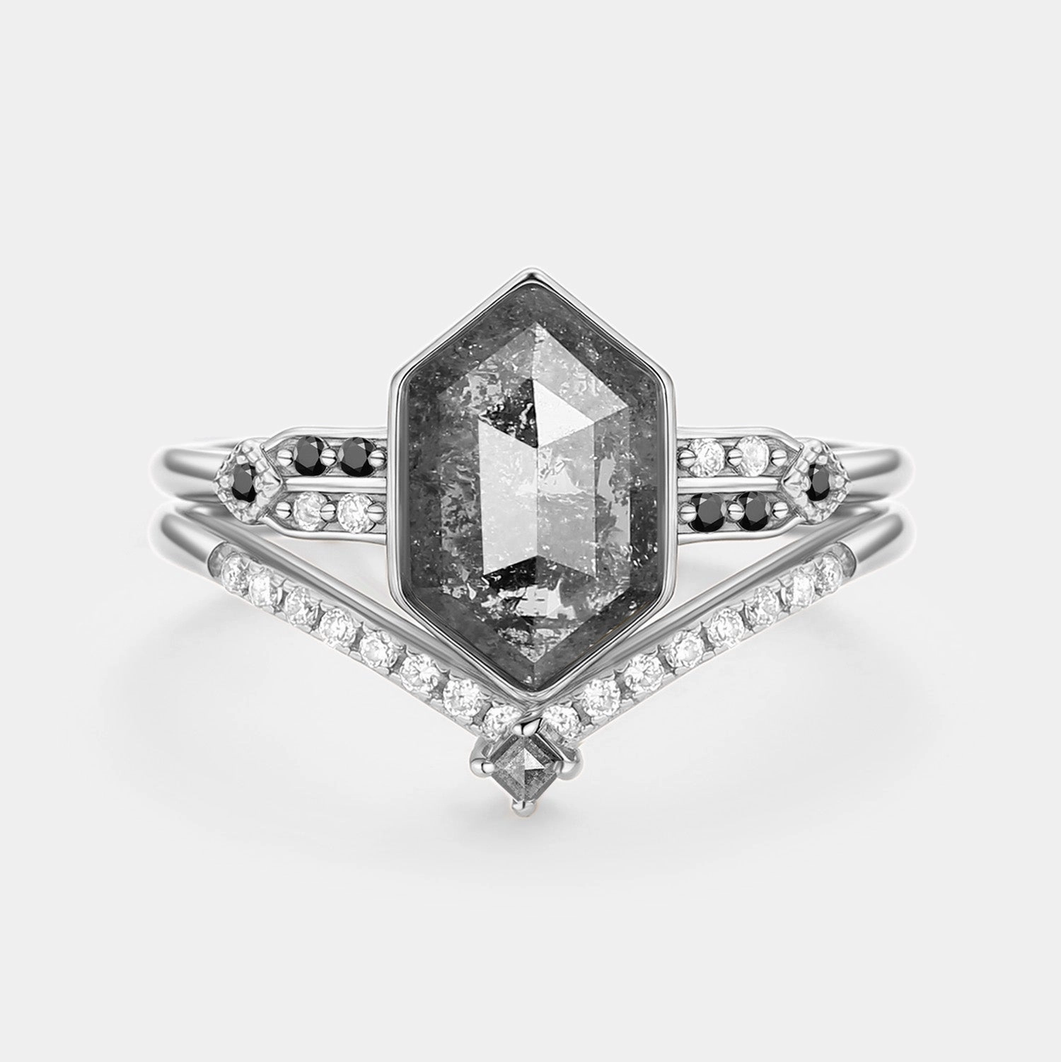 Airy Light Hexagon Salt and Pepper Diamonds Ring Set 2pcs - Nocturne