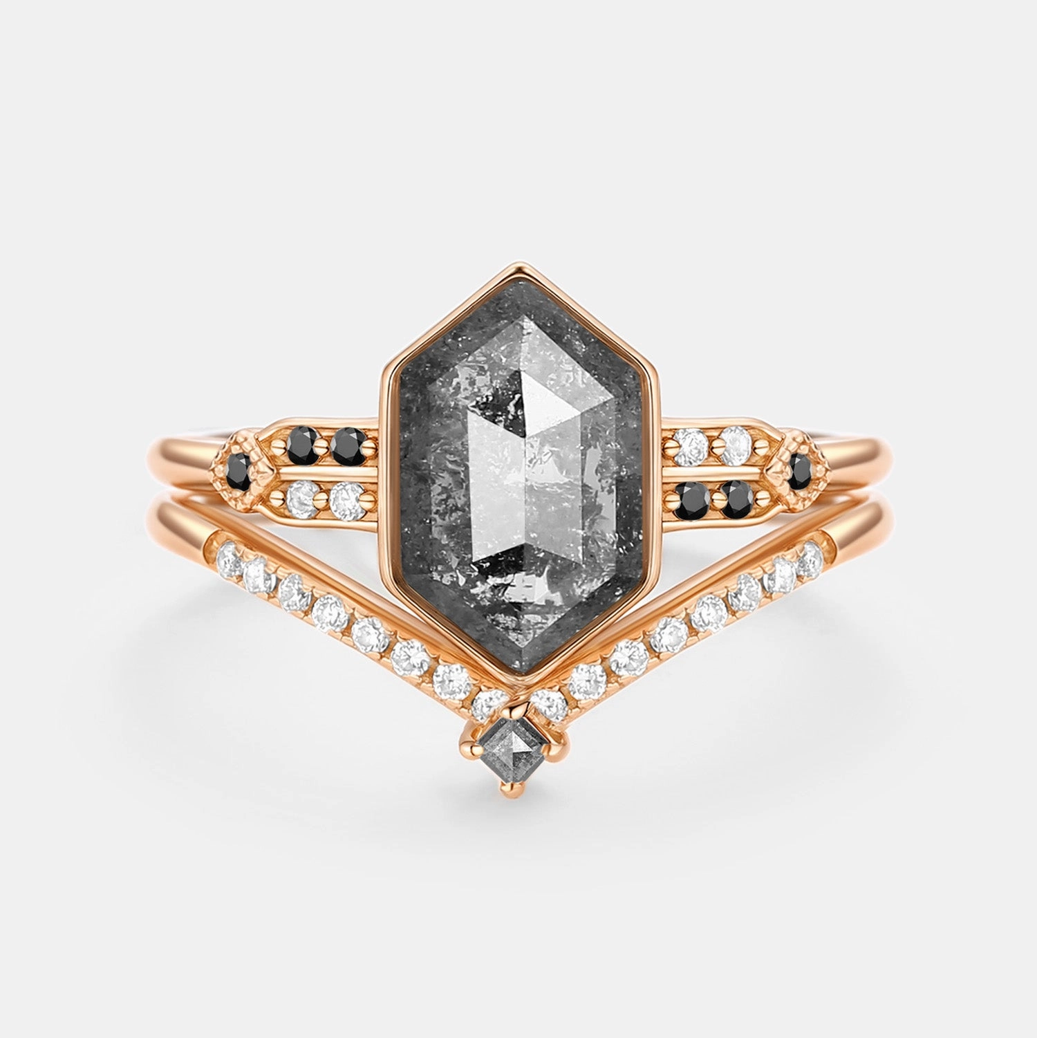 Fashion Glow Hexagon Salt and Pepper Diamonds Ring Set 2pcs - Nocturne