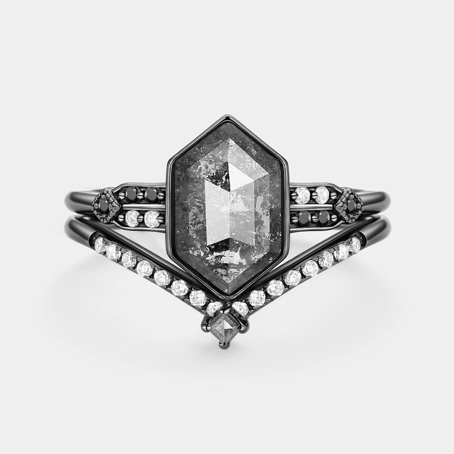 Evening Ready Daily Collection Hexagon Salt and Pepper Diamonds Ring Set 2pcs - Nocturne