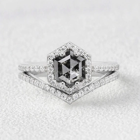 Night Mood Pretty Touch Hexagon Salt and Pepper Diamonds Stacking Engagement Ring Set 2pcs