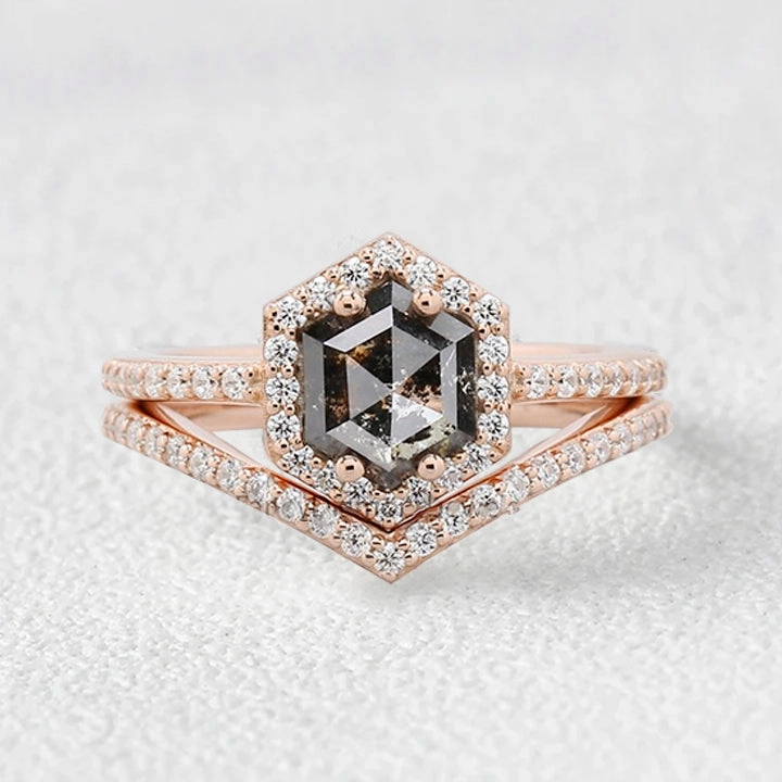 Vibrant Edge Hexagon Salt and Pepper Diamonds Stacking Engagement Ring Set 2pcs