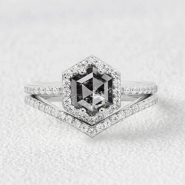 Stylish Vibe Hexagon Salt and Pepper Diamonds Stacking Engagement Ring Set 2pcs