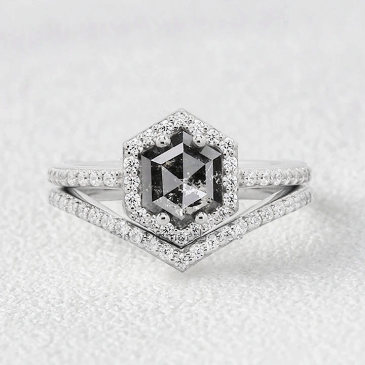 Night Mood Pretty Touch Hexagon Salt and Pepper Diamonds Stacking Engagement Ring Set 2pcs
