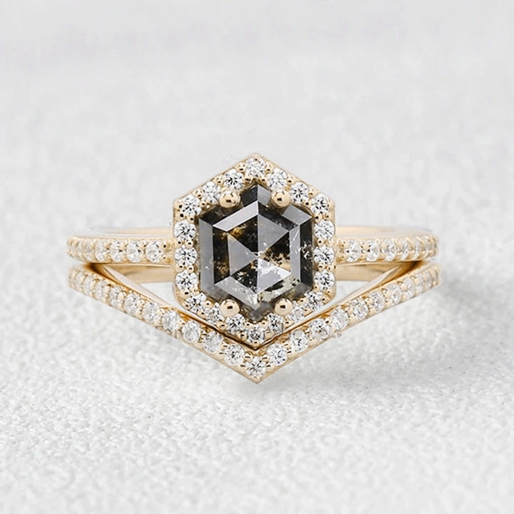 Hexagon Salt and Pepper Diamonds Stacking Engagement Ring Set 2pcs Handcrafted Design