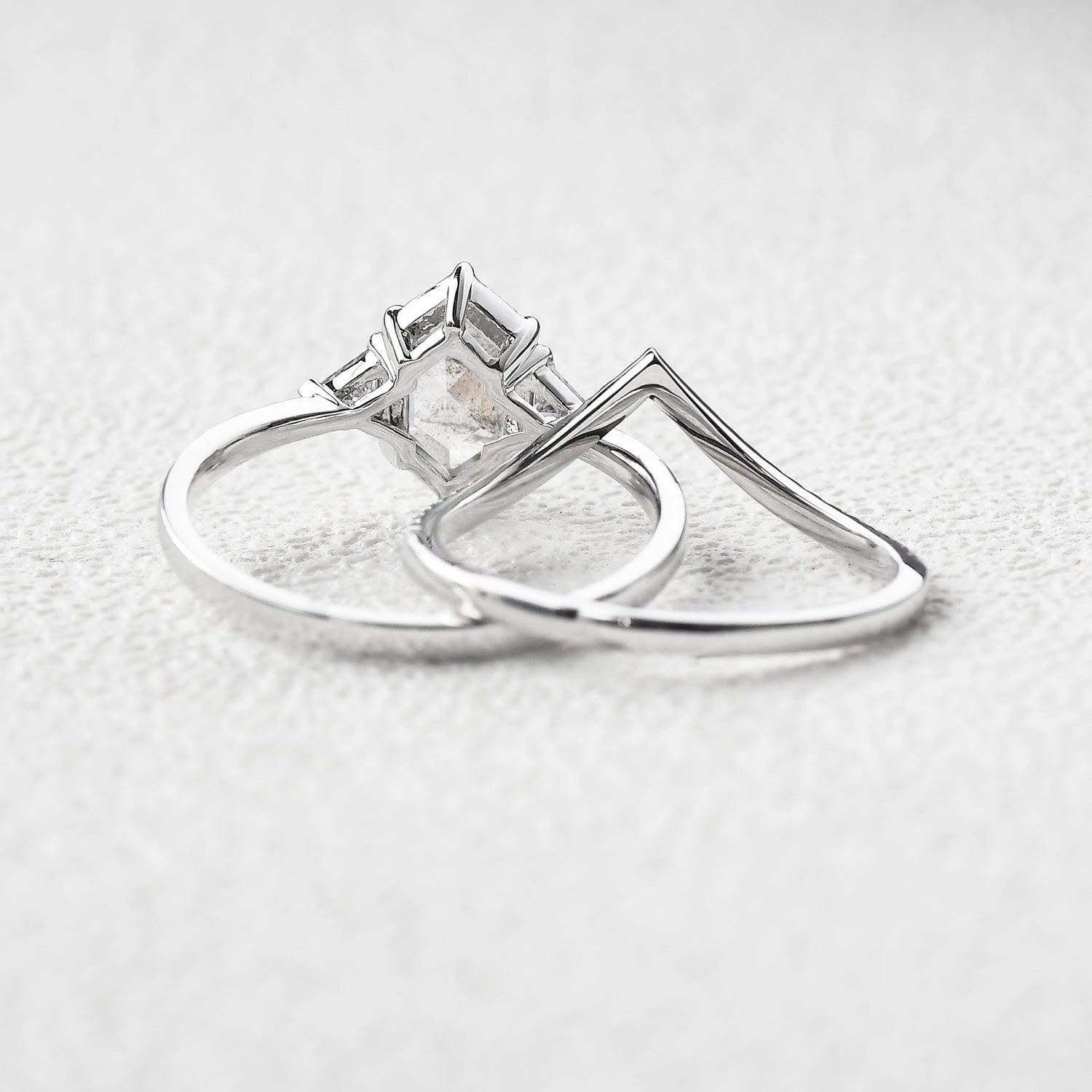 Petite Accent Smooth Detail Hexagon Salt and Pepper Diamonds Three Stone Ring Set 2pcs