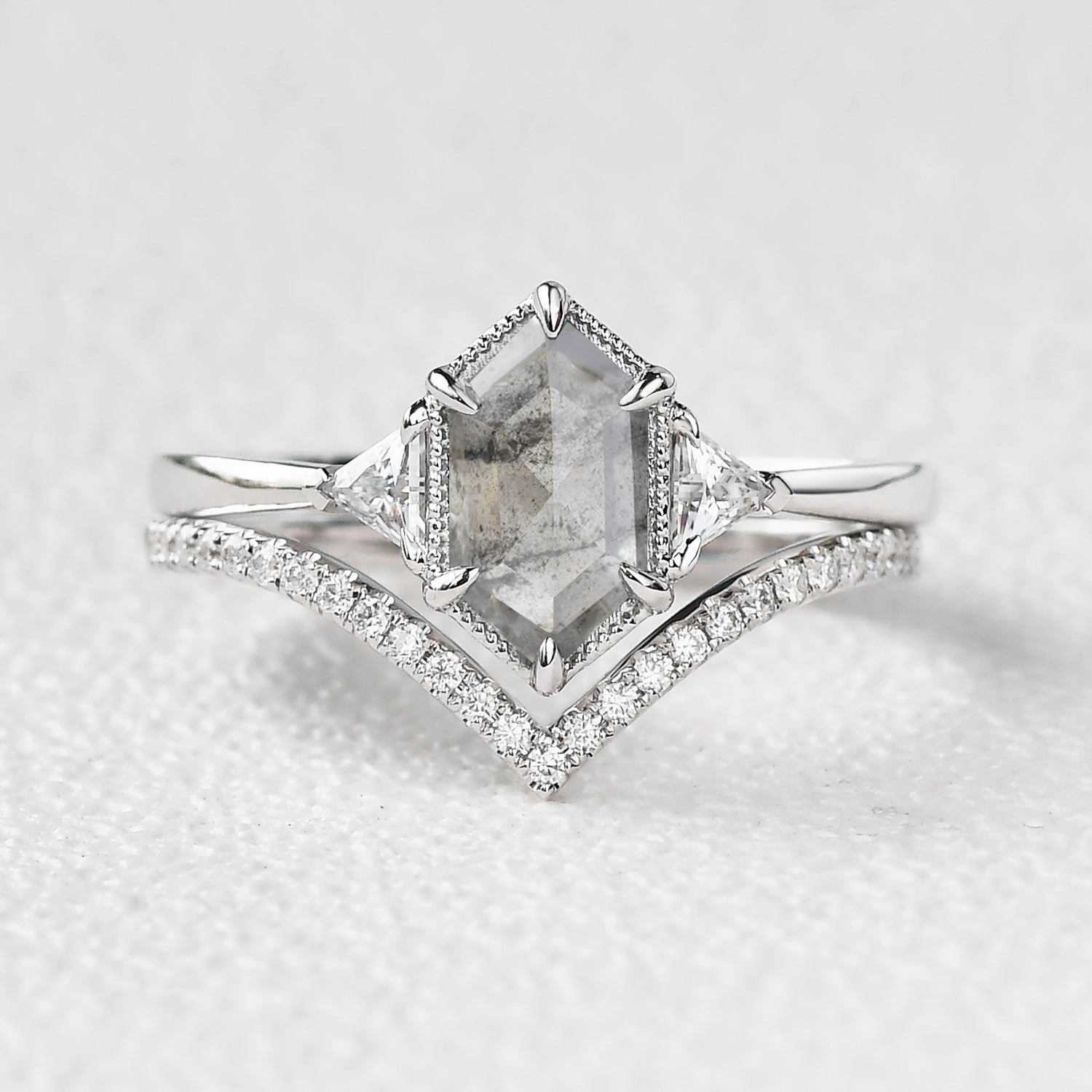 Perfect Accessory Hexagon Salt and Pepper Diamonds Three Stone Ring Set 2pcs