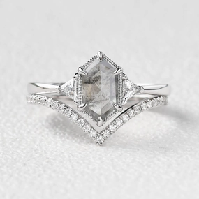 Hexagon Salt and Pepper Diamonds Three Stone Ring Set 2pcs Special Edition