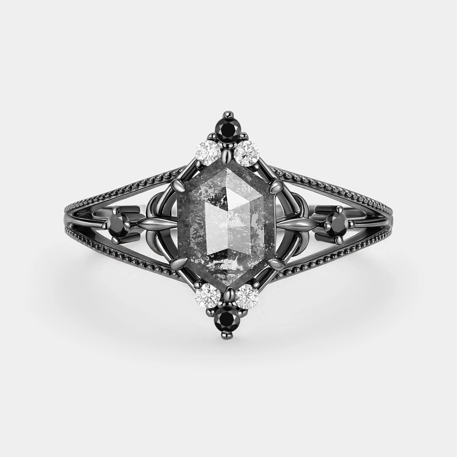 Hexagon Salt and Pepper Diamonds Unique Engagement Ring - Erebus Opulent Touch Subtle Touch