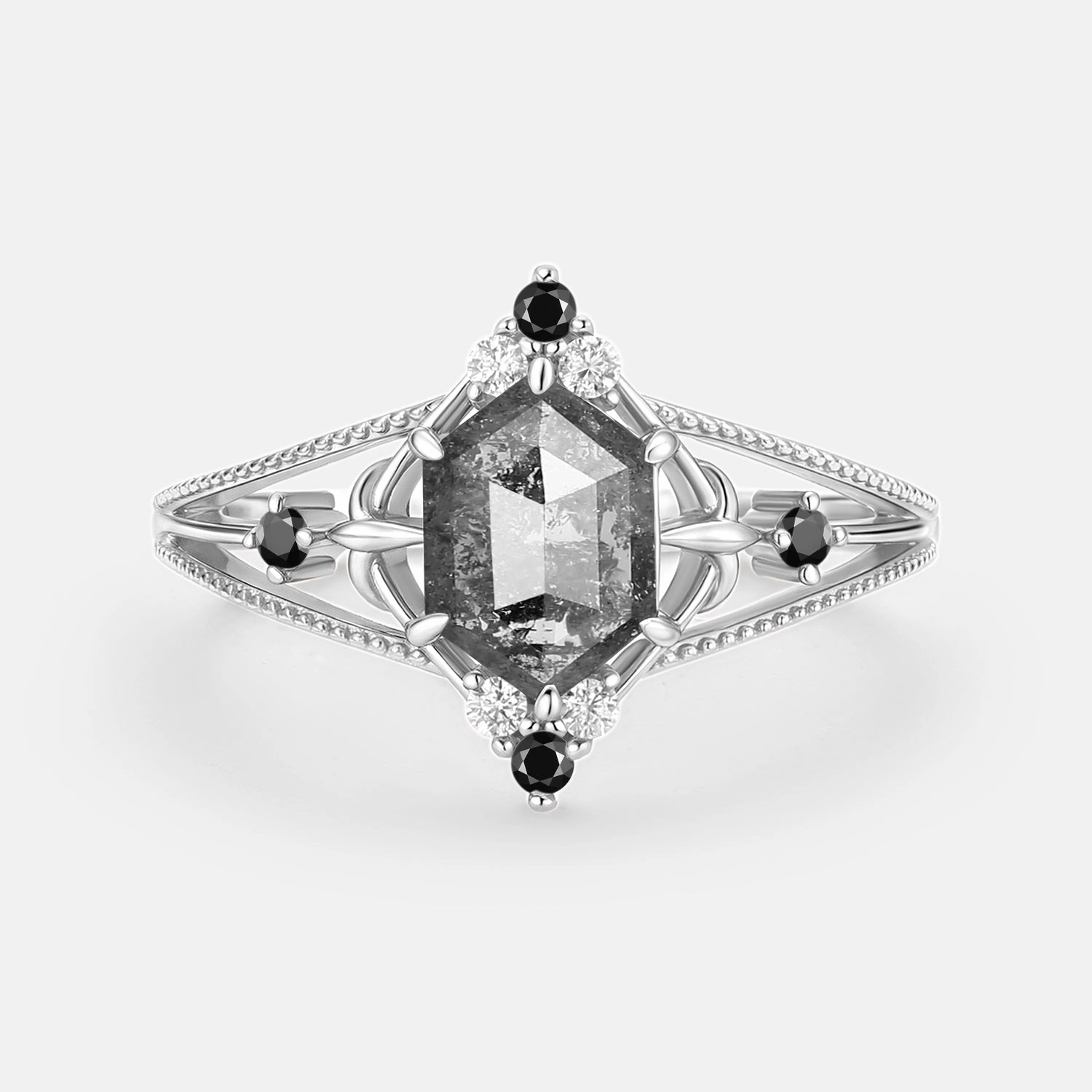 Modern Layer Hexagon Salt and Pepper Diamonds Unique Engagement Ring - Erebus