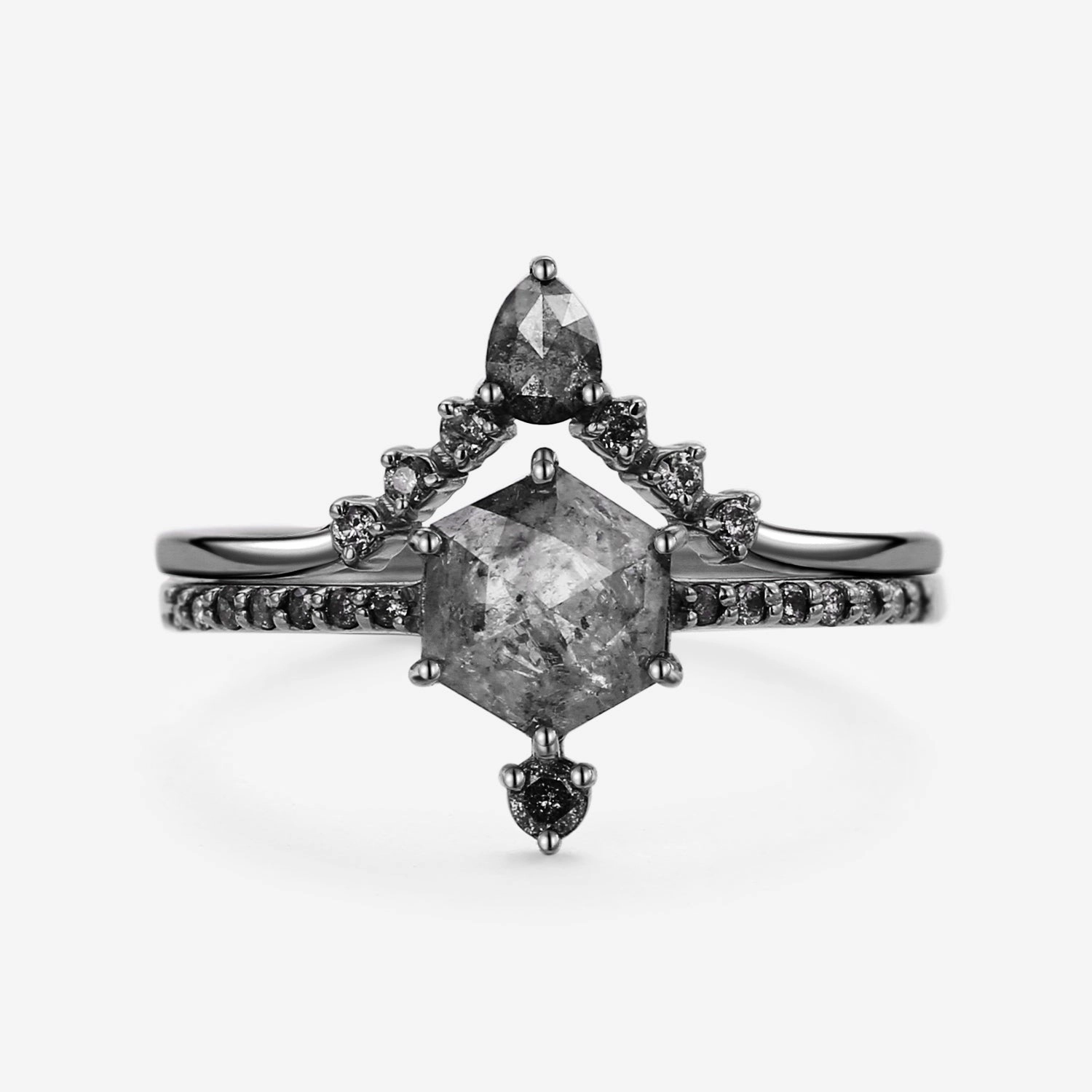 Close Detail Hexagon Salt and Pepper Diamonds Unique Ring Sets 2pcs