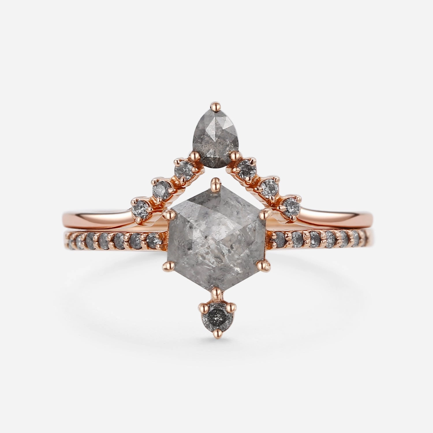 Vibrant Craft Hexagon Salt and Pepper Diamonds Unique Ring Sets 2pcs