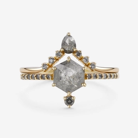 Mood Piece Hexagon Salt and Pepper Diamonds Unique Ring Sets 2pcs