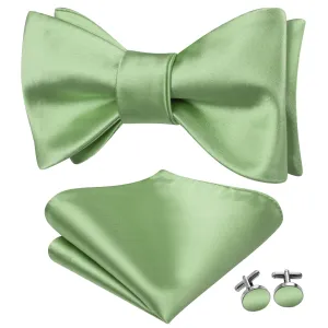 Hi-Tie Light Green Bowtie Solid Wedding Men's Tie Hanky Cufflinks Set