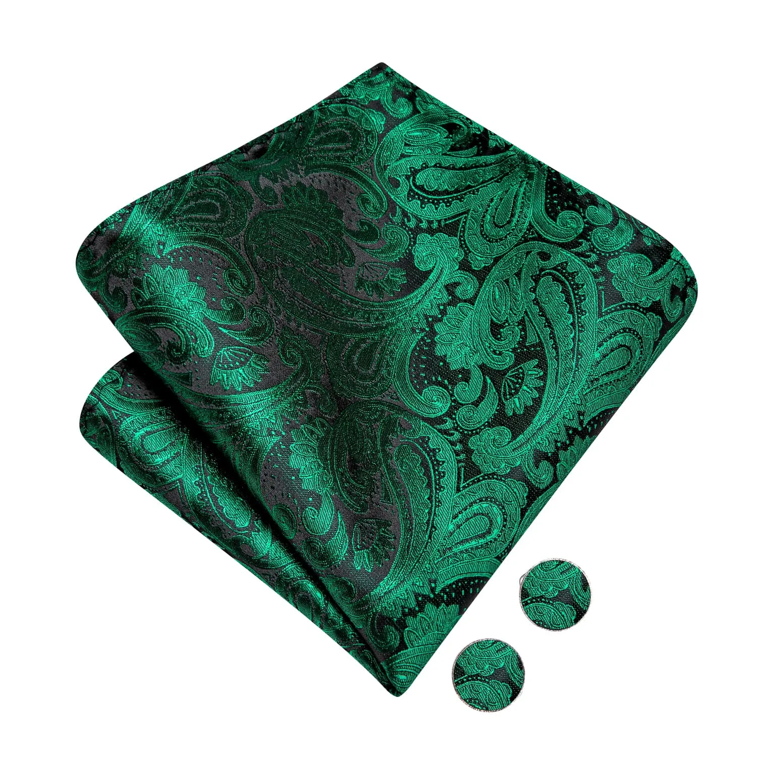 Hi-Tie Pre-Tied Bowtie Forest Green Neck Tie Hanky Cufflinks Set