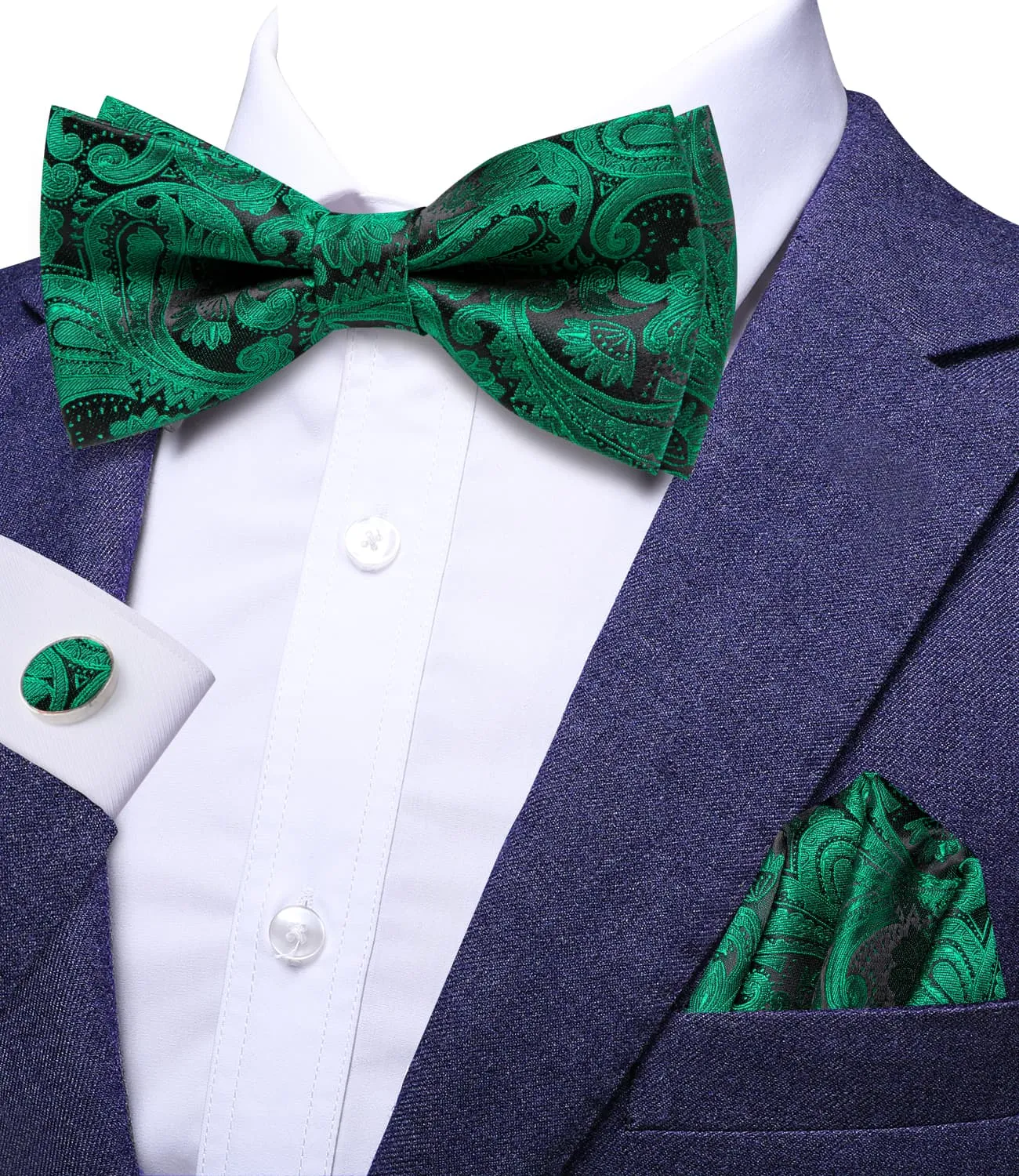 Hi-Tie Pre-Tied Bowtie Forest Green Neck Tie Hanky Cufflinks Set