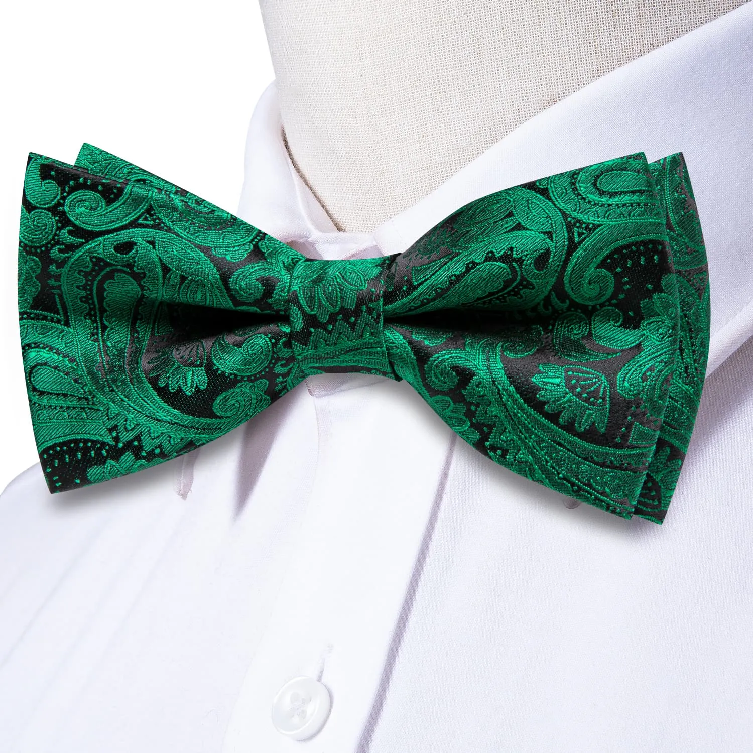 Hi-Tie Pre-Tied Bowtie Forest Green Neck Tie Hanky Cufflinks Set