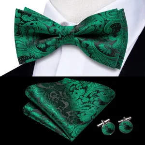 Hi-Tie Pre-Tied Bowtie Forest Green Neck Tie Hanky Cufflinks Set