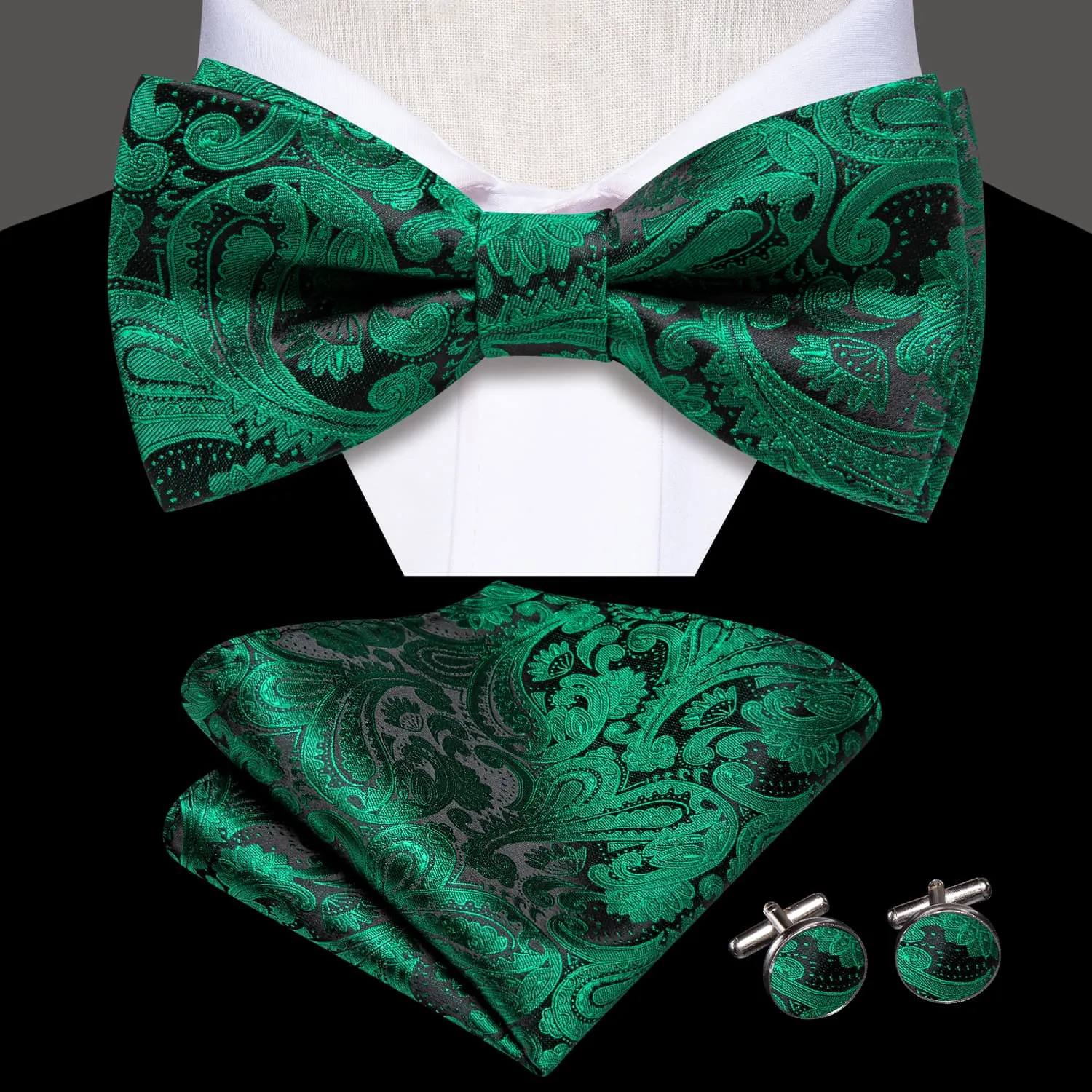 Hi-Tie Pre-Tied Bowtie Forest Green Neck Tie Hanky Cufflinks Set