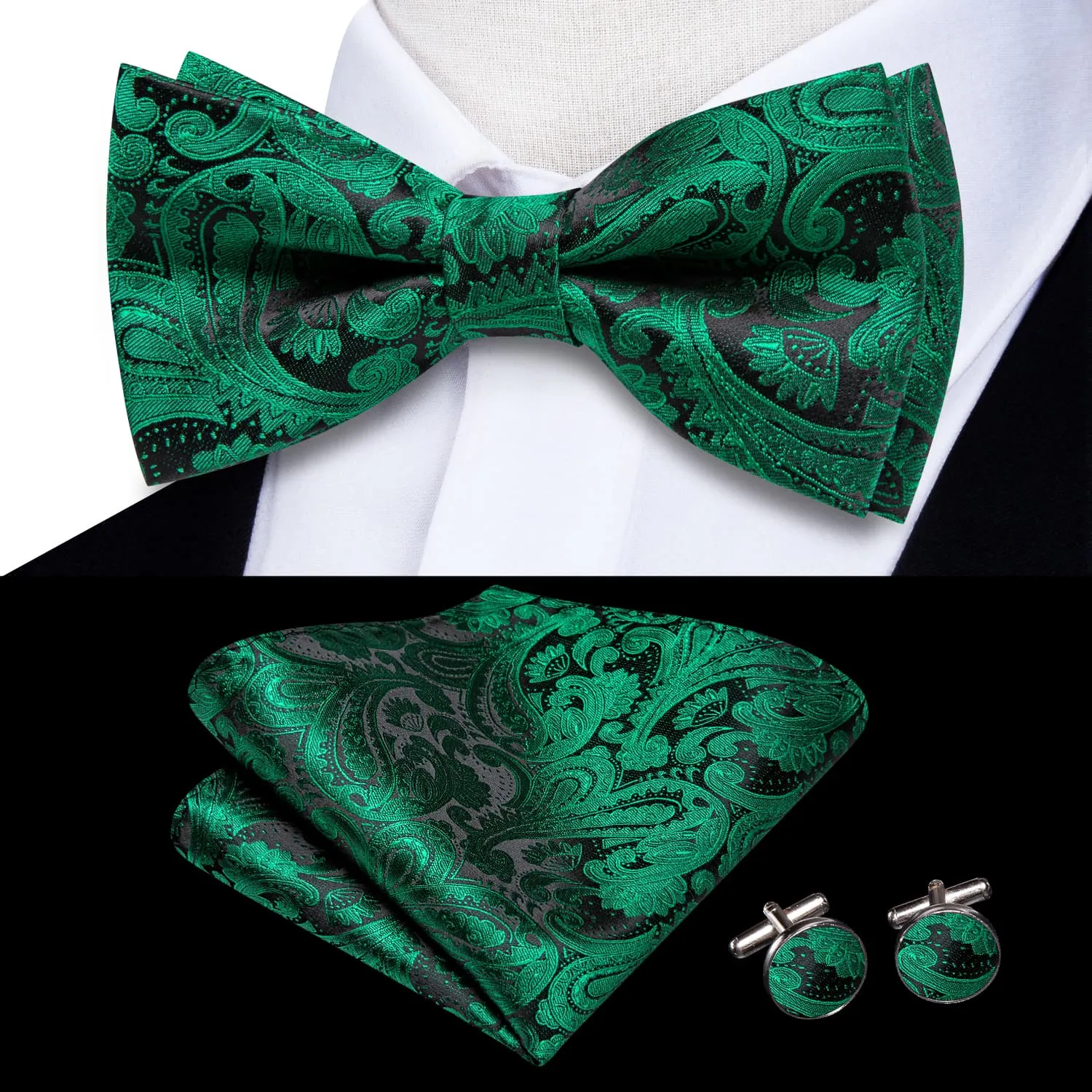 Hi-Tie Pre-Tied Bowtie Forest Green Neck Tie Hanky Cufflinks Set