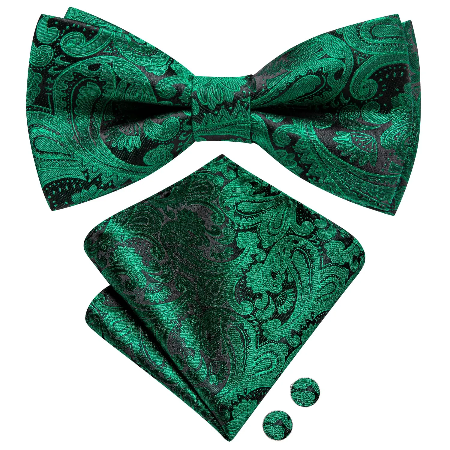 Hi-Tie Pre-Tied Bowtie Forest Green Neck Tie Hanky Cufflinks Set