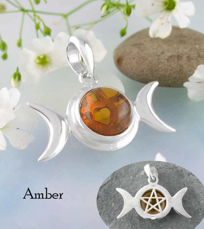 City Look Fashion Mood Hidden Pentacle Triple Moon Pendant With Gemstone Cabochon