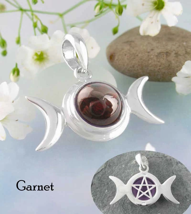 Artisan Present Hidden Pentacle Triple Moon Pendant With Gemstone Cabochon