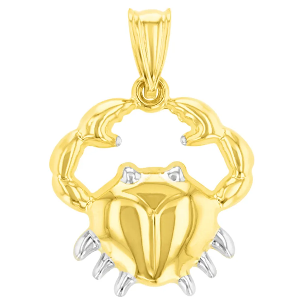 High Polish 14K Yellow Gold Cancer Zodiac Sign Pendant Crab Charm Figaro Chain Necklace