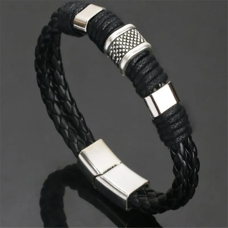 High Quality Stainless Steel Charm Bracelet Braided Black Brown Genuine Leather Bracelet