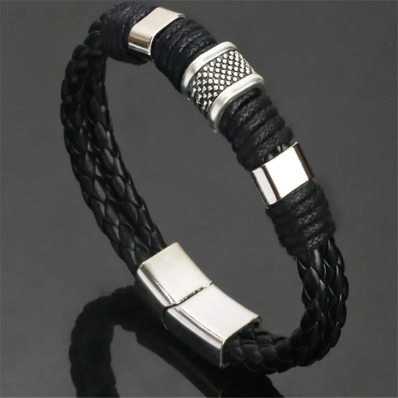 High Quality Stainless Steel Charm Bracelet Braided Black Brown Genuine Leather Bracelet