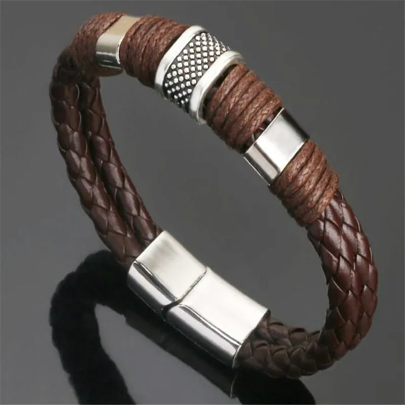 High Quality Stainless Steel Charm Bracelet Braided Black Brown Genuine Leather Bracelet