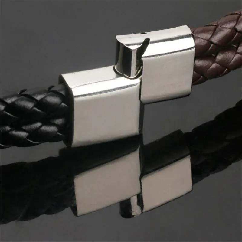 High Quality Stainless Steel Charm Bracelet Braided Black Brown Genuine Leather Bracelet