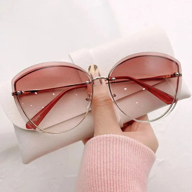 High Quality women's Oval Rimless Sunglasses Lady Metal Cay Eye Shades for Women Driving Glasses Sonnenbrille zonnebril dames